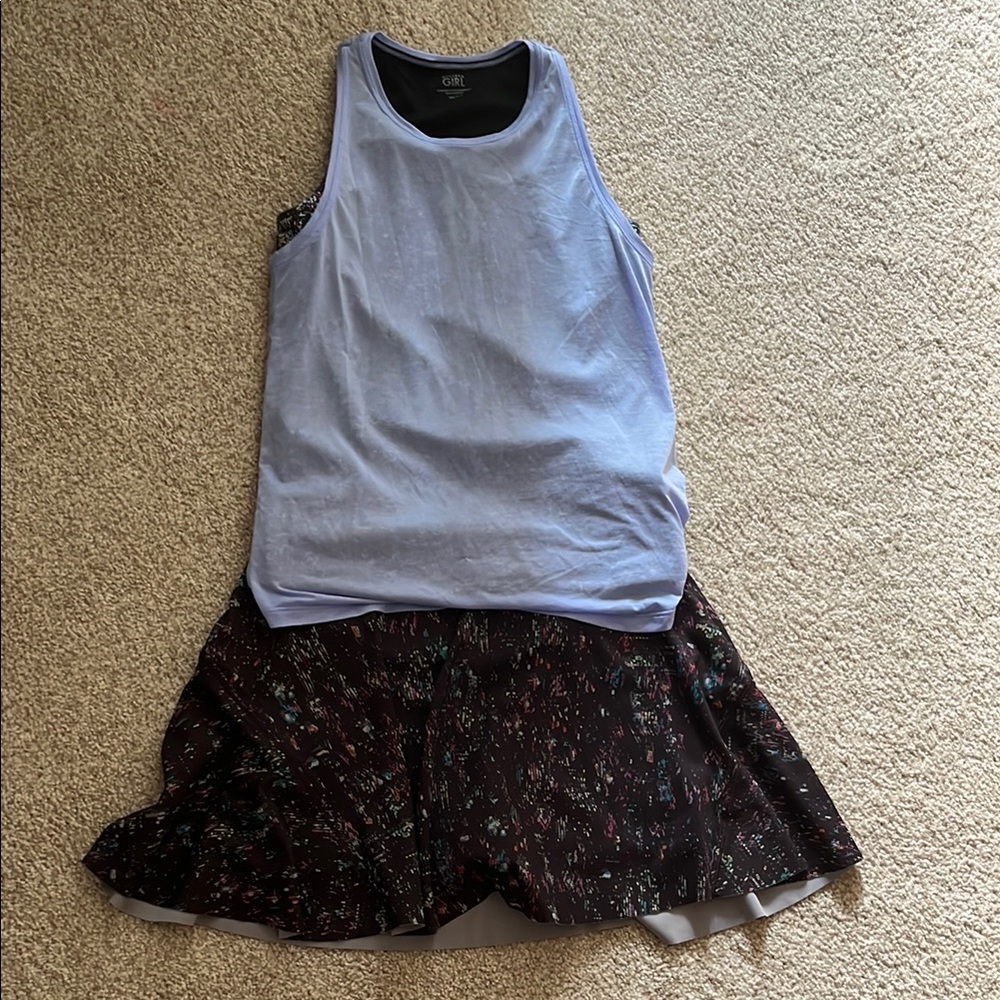 Athleta Light Purple Tank and Black Patterned Skirt